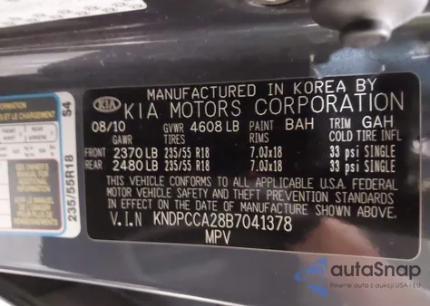 2011 Kia Sportage Ex из США, поврежденный, VIN KNDPCCA28B7041378